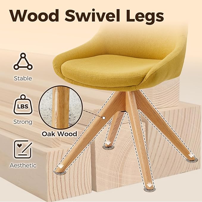 Art Leon Mid Century Modern Desk Chair No Wheels, Swivel Upholstered Armchair with Solid Wood Legs for Home Office, Fabric, Yellow