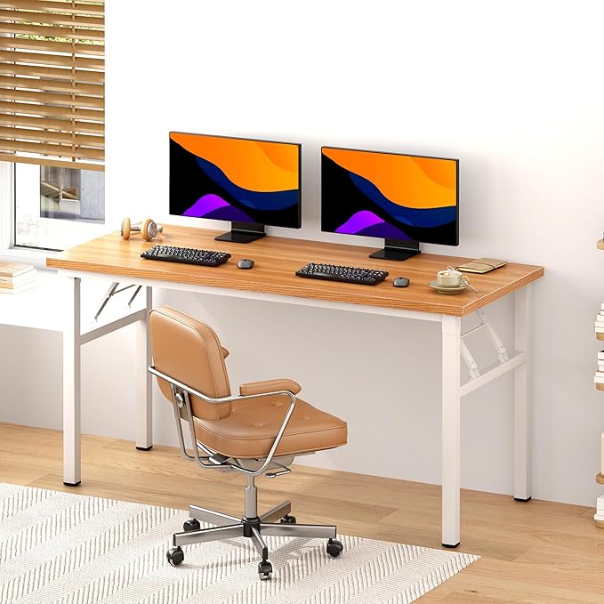 Need Office Computer Desk - 54.3L Sturdy and Heavy Duty Folding Laptop Table,Writing Table/Home Office Desk/Sewing Table,No Assembly Required (Teak & White Frame)