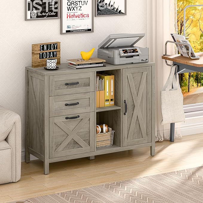 Lateral File Cabinet with 3 Drawers and Door, Farmhouse File Cabinet with Adjustable Shelf for Letter/A4 Size Hanging Files, Printer Stand with Storage Cabinet for Home Office Furniture, Grey