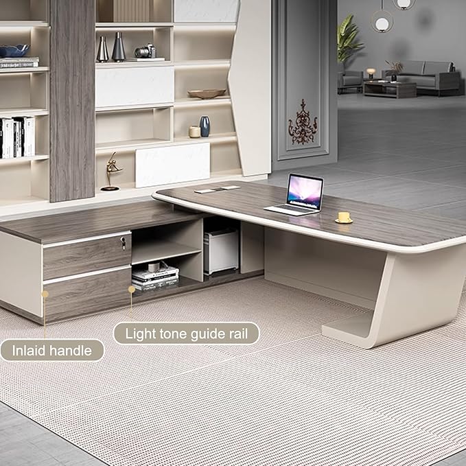 78IN Executive Office Desk - Executive Desk with 2 Drawers & Open Storage Space & Computer Host Position | Supporting Slant Leg & Decorative LED Light Strip, Fence Baffle Design