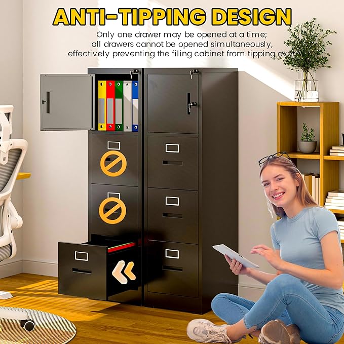 Vertical File Cabinet with 3 Drawers and 1 Door, Metal Filing Cabinet for Home Office, Lockable File Cabinets with Keys for Legal/Letter Size Hanging File Folders, Assembly Required, Black