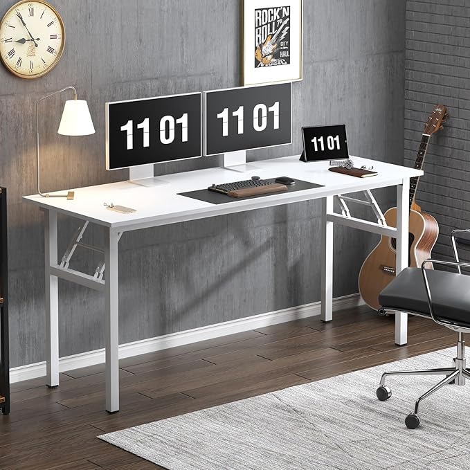 sogesfurniture Computer Desk 62 inches Office Desk Computer Table Study Writing Desk Workstation for Home Office Metal Frame Folding Table, White