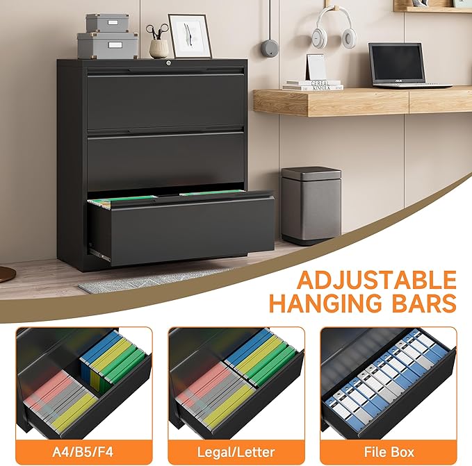 Coolsun Lateral File Cabinet, 3 Drawer File Cabinet with Lock, Wide Filing Cabinet for Home Office, Metal Locking Cabinet for Hanging A4/F4/Letter/Legal, Assembly Required (Black, 3 Drawer)