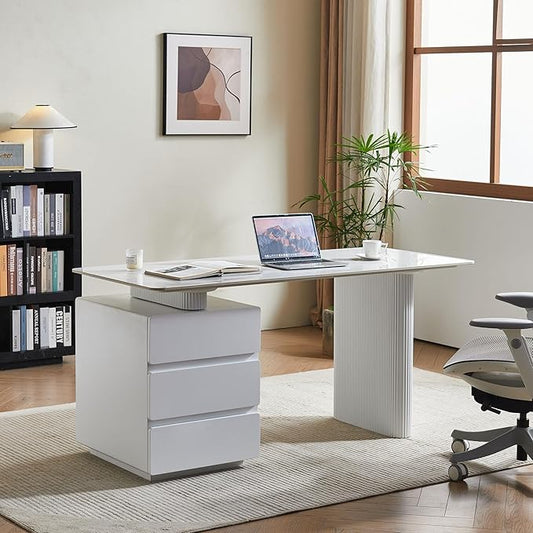 White Writing Desk with Drawers, 63 Inch Modern Computer Executive Office Desk with Sintered Stone Tabletop and Storage, Wood Home Office Desk for Bedroom, Living Room