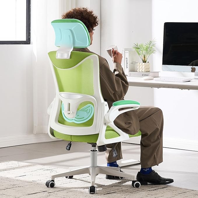Fizzin Ergonomic Office Chair,Ergonomic Desk Chair with Headrest Mesh Computer Chair with High Back Adjustable Lumbar Support, Rolling Swivel Chairs with Wheel Armrests for Home Office (Green)