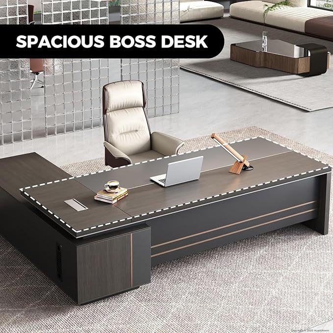 Reversible L Shaped Executive Desk with Drawers, Storage Cabinets, Power Box & Storage Shelves – Modern Office Desk with Privacy Panel (Obsidian Grey+Mocha Walnut, 79" L * 65" W * 30" H)