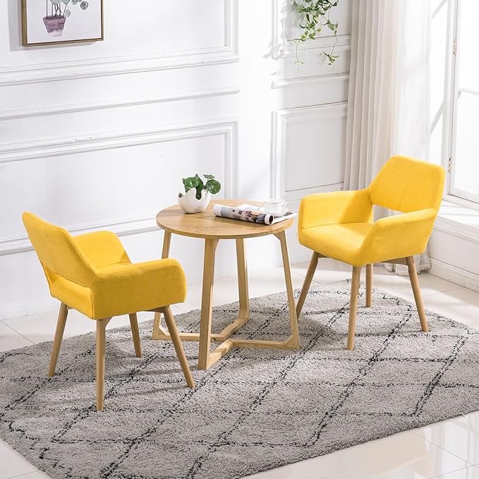 Mid Century Modern Dining Chairs Set of 2 & 4 & 6 Comfy Accent Chair Upholstered Kitchen Dining Living Room Chairs for Bedrooms Waiting Room Home Arm Desk Chair No Wheels (Yellow, 2)