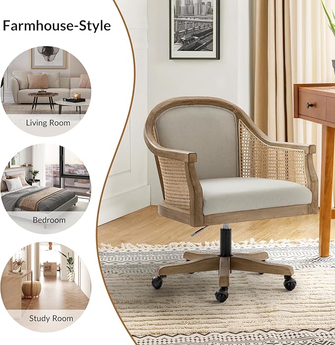 TINA'S HOME Rattan Desk Chair, Upholstered Home Office Chair with Armrest, Adjustable Swivel Rolling Height Computer Task Chair for Living Room Bedroom Study Room, Linen