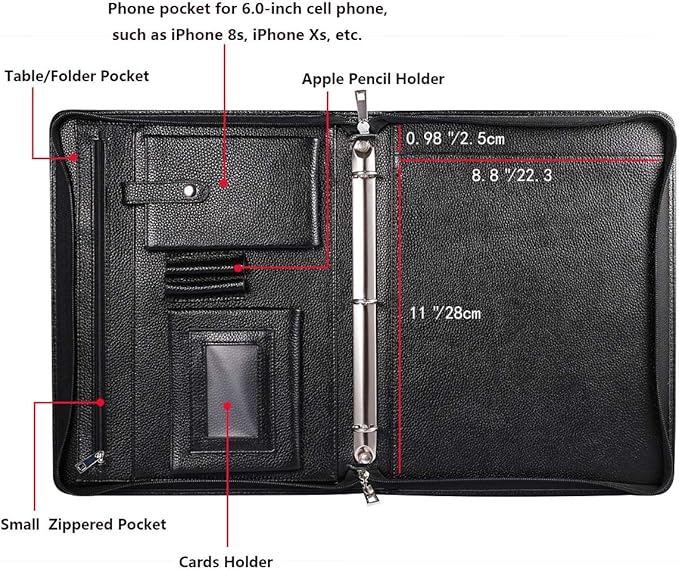 Professional Leather Business Padfolio Portfolio Case, 3 Ring Binder,Zippered Business Document Organizer Tablet Holder Folder Case,with Letter Size Notepad (black)