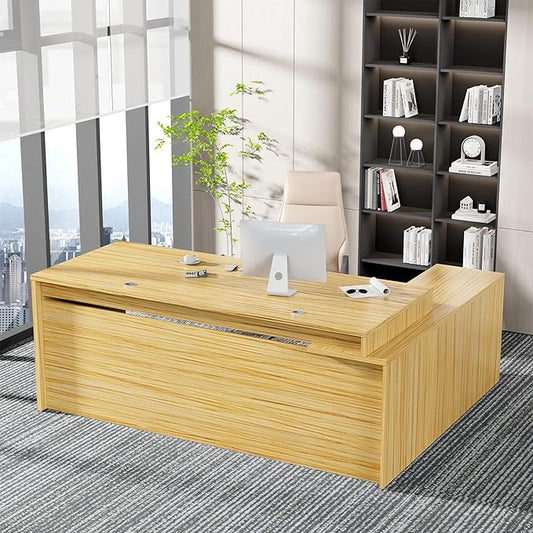 Modern L-Shaped Executive Desk，Office Desk with Spacious Desktop,Large Storage, Wood Construction,Cable Management for Home and Office (Light Walnut/Left Cabinet, 78.7" L*31.5" W*29.5" H)