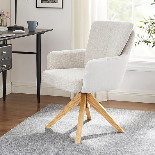 Art Leon Desk Chair No Wheels - Mid Century Modern Office Chair, Fabric Upholstered Desk Chair Swivel Accent Chair with Oak Wood Legs for Living Room Home Office, Off White Gray