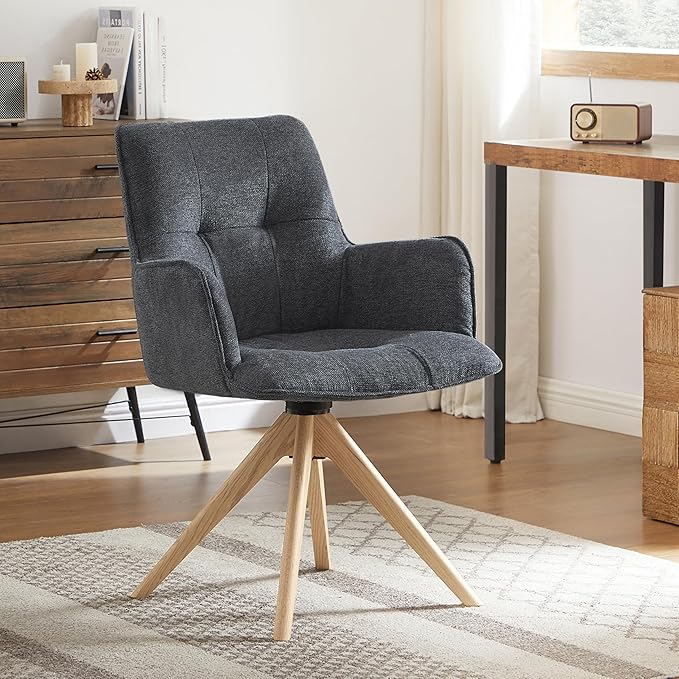 Art Leon Swivel Chair - Mid Century Modern Desk Chair Without Wheels, Fabric Upholstered Accent Chair with Oak Wood Legs for Small Space Living Room Bedroom, Dark Gray