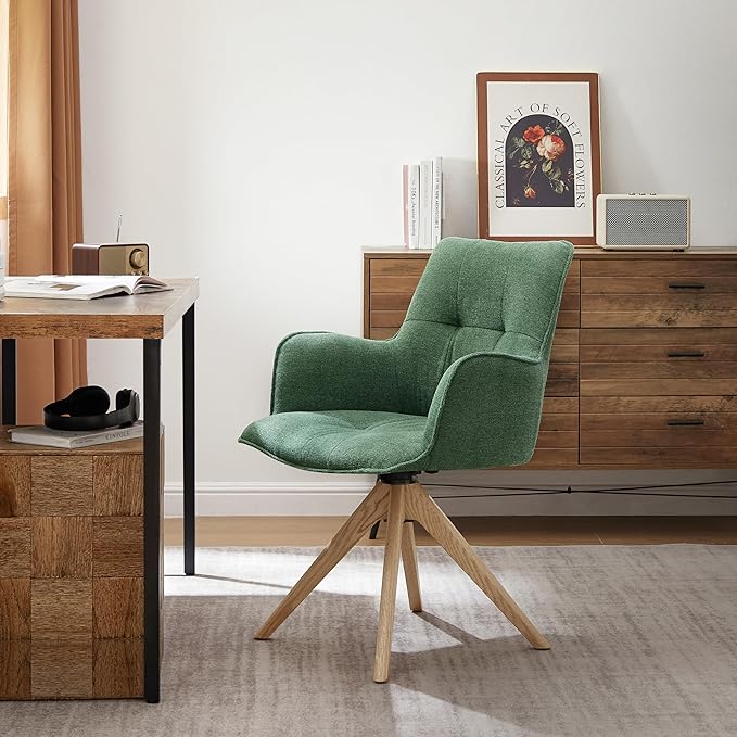 Art Leon Office Chair No Wheels - Mid Century Modern Swivel Desk Chair, Faux Leather Upholstered Accent Chair with Oak Wood Legs for Small Space Living Room Bedroom, Green