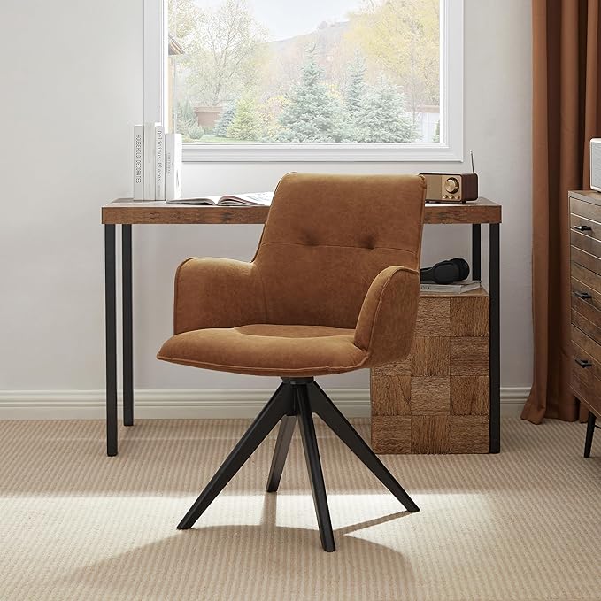 Art Leon Mid Century Desk Chair - Faux Leather Upholstered Office Chair No Wheels, Swivel Accent Chair with Black Oak Wood Legs for Small Space Living Room Bedroom, Set of 2, Brown