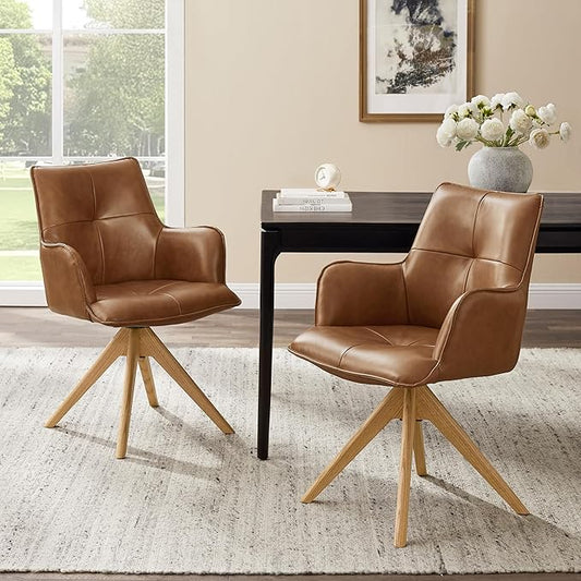 Art Leon Mid Century Swivel Chair - Genuine Leather Upholstered Desk Chair No Wheels, Accent Armchair with Oak Wood Legs for Small Space Living Room Bedroom, Set of 2, Brown