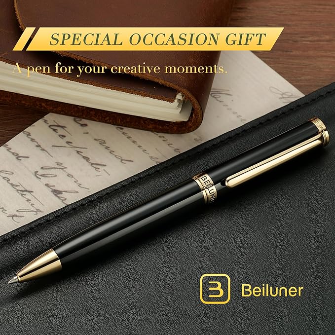 BEILUNER Luxury Personalized Gel Pen with 24K Gold Finish, Black Piano Lacquer, Luxury Grade Craftsmanship, Best Pen Gift Set for Men and Women, Professional, Executive, Office, Retractable Nice Pens