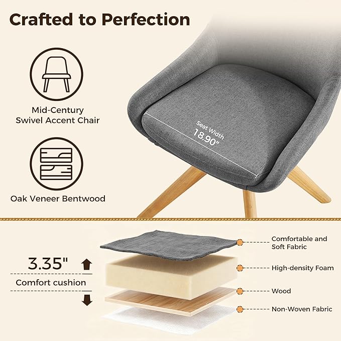 Art Leon Mid Century Modern Desk Chair No Wheels, Swivel Upholstered Armchair with Solid Wood Legs for Home Office, Fabric, Gray