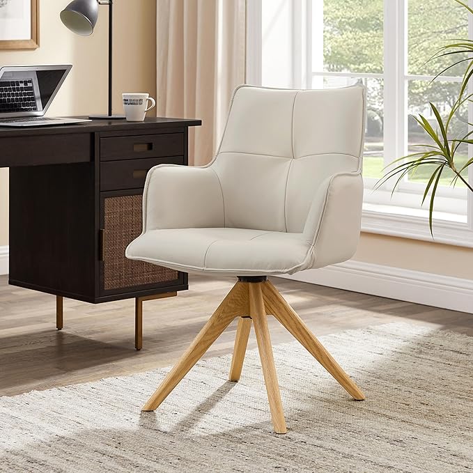 Art Leon Mid Century Modern Swivel Accent Chair - Home Office Desk Chair No Wheels, Genuine Leather Upholstered Armchair with Oak Wood Legs for Small Space Living Room Bedroom, Off White
