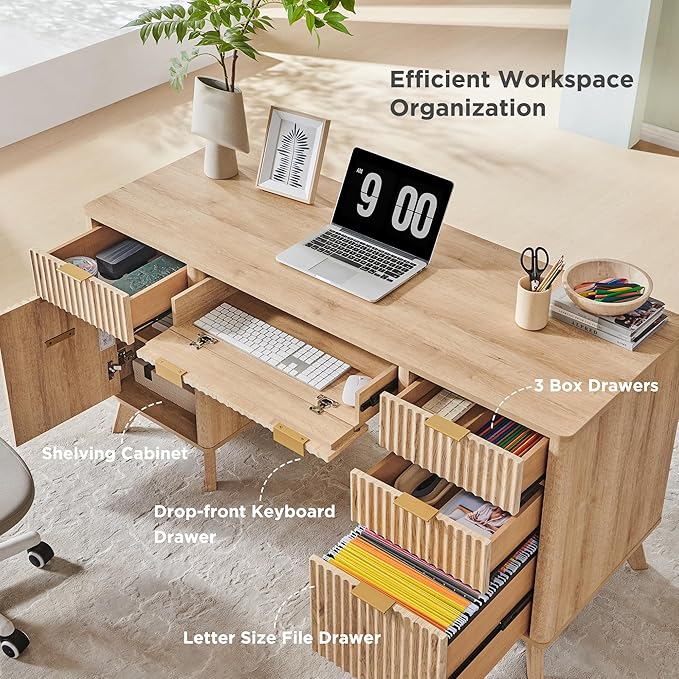 T4TREAM 60'' Fluted Executive Desk with Drawers, Modern Home Office Computer Desk with Charging Station, Keyboard Tray, File Drawer and Storage Cabinet for Study, Living Room, Bedroom, Natural Oak