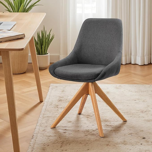Art Leon Mid Century Modern Desk Chair No Wheels, Swivel Upholstered Armchair with Solid Wood Legs for Home Office, Fabric, Gray