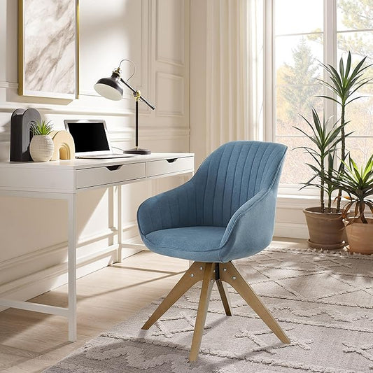 Zouron Mid Century Modern Swivel Accent Chair, Vanity Chair with Wooden Legs, Upholstered Arm Chair No Wheels, Accent Side Chair for Small Space Home Office Living Room Bedroom, Azure