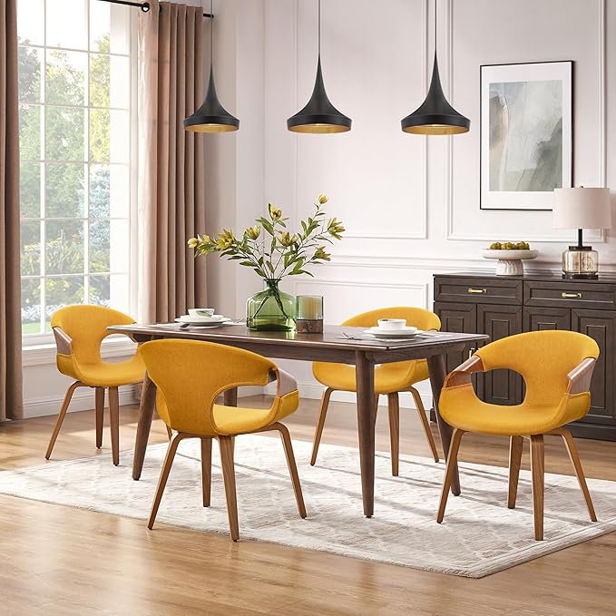 Art Leon Mid Century Office Chair - Modern Desk Chair No Wheels, Fabric Upholstered Wood Desk Chair, Office Chair with Wood Legs for Living Room Bedroom, Walnut Bentwood, Yellow