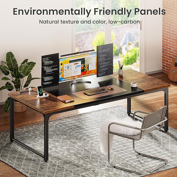 Huuger 71 x 31.5 Inch Desk with Power Outlets & USB-C, 1.2 Inch Thicker Desktop, Robust Metal Tubes, Deep Computer Desk, Heavy Duty Office Desk, Work Desk, Rustic Brown and Black