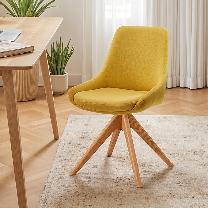 Art Leon Mid Century Modern Desk Chair No Wheels, Swivel Upholstered Armchair with Solid Wood Legs for Home Office, Fabric, Yellow