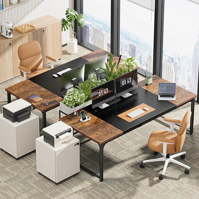 Huuger 71 x 31.5 Inch Desk with Power Outlets & USB-C, 1.2 Inch Thicker Desktop, Robust Metal Tubes, Deep Computer Desk, Heavy Duty Office Desk, Work Desk, Rustic Brown and Black