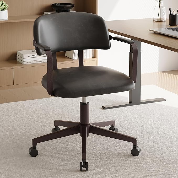 BFZ Mid Century Retro Home Office Desk Chair with Back, Faux Leather Adjustable Height Rolling Swivel Computer Task Armrests Chair for Home Office, BlackGrey