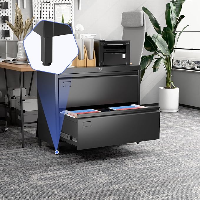 SUXXAN Metal 2 Drawer Lateral File Cabinet with Lock & Adjustable Feet - Wide Filing Cabinet for Letter/Legal/F4/A4 Hanging Files - Includes Business Card Holder,Home Office School Storage,Black