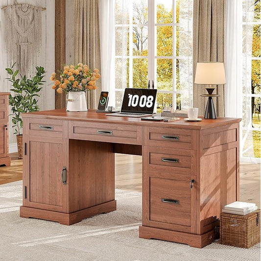 Whalefall 55'' Farmhouse Desk Home Office with Drawers, Executive Computer Desk Wooden with File Cabinet and Charging Station, Cherry Brown