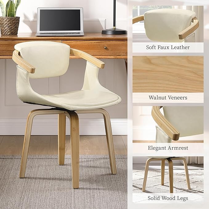 Art Leon Desk Chair No Wheels, Mid Century Modern Swivel Accent Chair, Faux Leather Home Office Desk Chair for Small Spaces Living Room Bedroom, Off White