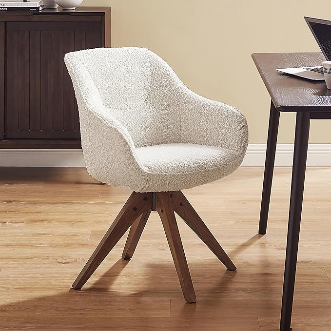 Art Leon Desk Chair No Wheels, Mid Century Modern Office Chair, Swivel Accent Chair with Oak Wood Legs, Boucle Fabric Upholstered Arm Chair, White