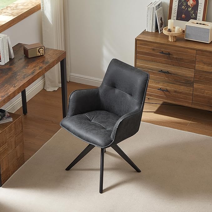Art Leon Swivel Desk Chair - Faux Leather Upholstered Office Chair No Wheels, Mid Century Modern Armchair with Black Oak Wood Legs for Small Space Living Room Bedroom, Black