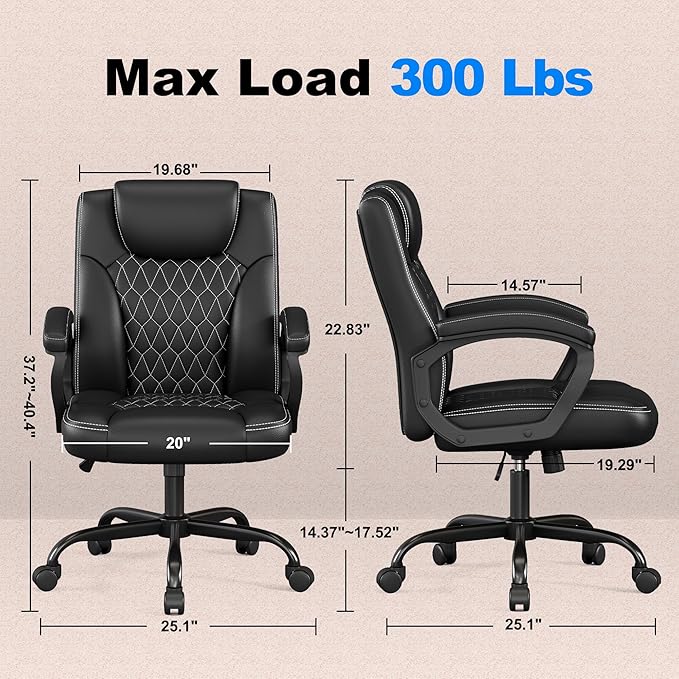 Misolant Office Chair, Executive Desk Chair, PU Leather Comfortable Executive Chairs with Fixed Armrest, Adjustable Height, Rocking Function, 360° Swivel Wheels, Black