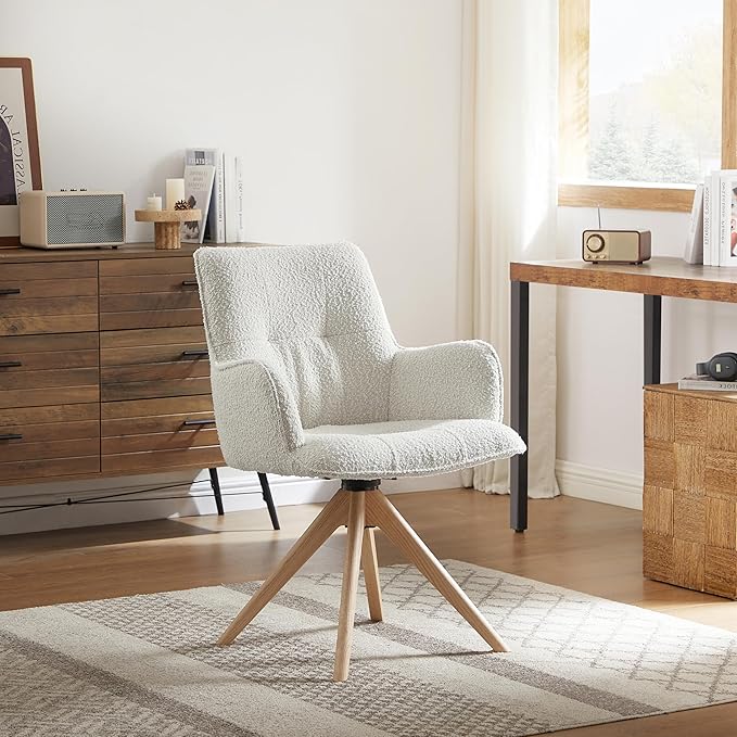 Art Leon Desk Chair No Wheels - Mid Century Modern Swivel Accent Chair, Boucle Fabric Upholstered Office Chair with Oak Wood Legs for Small Space Living Room Bedroom, Off White