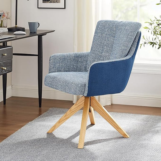 Art Leon Mid Century Desk Chair - Office Chair No Wheels, Modern Swivel Accent Chair, Fabric Upholstered Armchair with Oak Wood Legs for Living Room Home Office, Blue