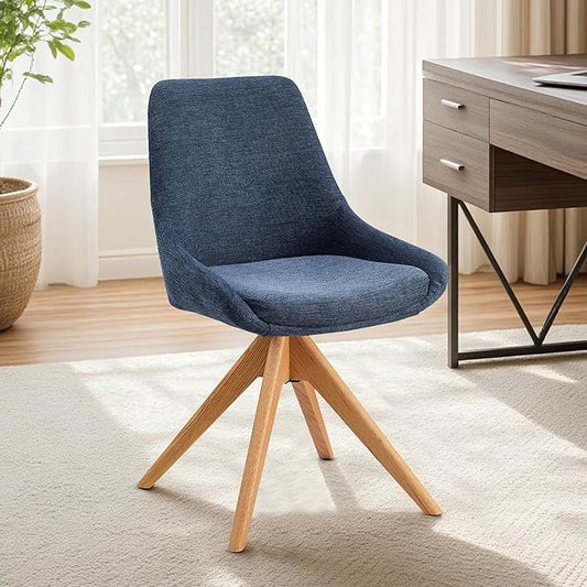 Zouron Swivel Desk Chair No Wheels, Modern Armless Office Chair with Wooden Legs, Fabric Side Chairs for Small Space Bedroom Office, Blue