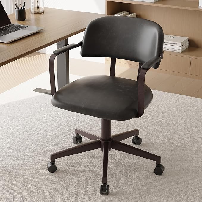 BFZ Mid Century Retro Home Office Desk Chair with Back, Faux Leather Adjustable Height Rolling Swivel Computer Task Armrests Chair for Home Office, BlackGrey