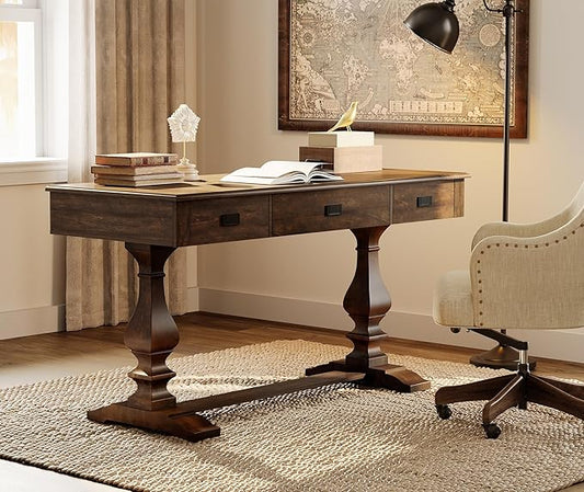 WAMPAT 60-inch Vintage Wood Home Office Desk with Stable Solid Wood Pedestral Legs, Tradional Rustic Executive Desk with Deep Drawers and Power Outlets for Office,Study,Dark Walnut Brown