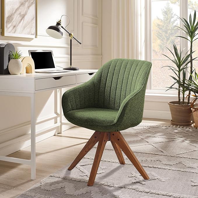 Zouron Mid Century Modern Accent Chair with Wooden Legs, Swivel Desk Chair No Wheels, Upholstered Side Armchair Vanity Chair for Small Space Home Office Living Room Bedroom, Green