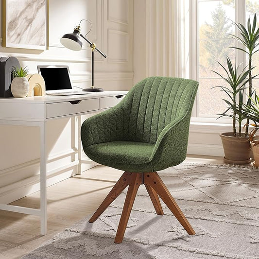 Zouron Mid Century Modern Accent Chair with Wooden Legs, Swivel Desk Chair No Wheels, Upholstered Side Armchair Vanity Chair for Small Space Home Office Living Room Bedroom, Green