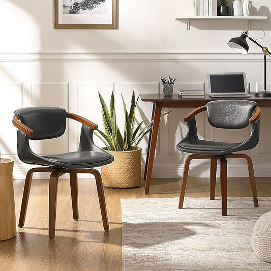 Art Leon Swivel Dining Chairs, Set of 2, Mid Century Modern Faux Leather Kitchen Dining Room Chair with Arms, Desk Chairs No Wheels, Gray