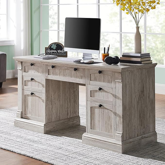 OKD 60" Executive Desk with Drawers, Farmhouse Home Office Desk with Charging Station, Keyboard Tray, File Cabinet Storage, Wood Computer Desk for Work and Study, Antique Brushed White