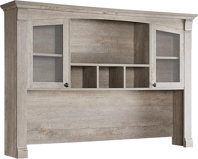 OKD Farmhouse Hutch for 60" Executive Desk, Office Desk Storage Cabinet with Glass Doors and Shelves, Top Hutch Organizer for Home Office - Light Rustic Oak