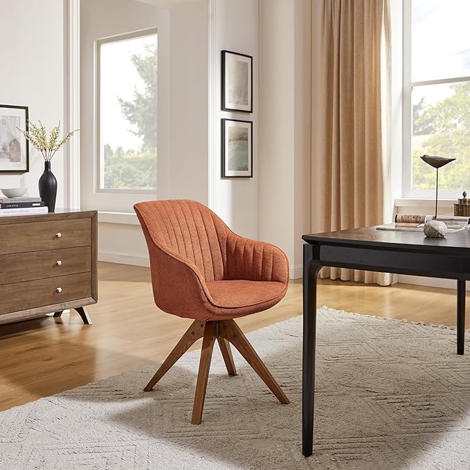 Art Leon Desk Chair No Wheels, Mid Century Modern Office Chair, Swivel Accent Chair with Oak Wood Legs, Fabric Upholstered Arm Chair, Caramel