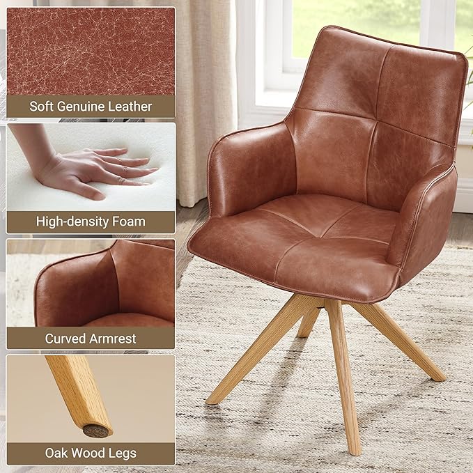 Art Leon Mid Century Desk Chair - Genuine Leather Upholstered Office Chair No Wheels, Swivel Accent Chair with Black Oak Wood Legs for Small Space Living Room Bedroom, Set of 2, Red Brown