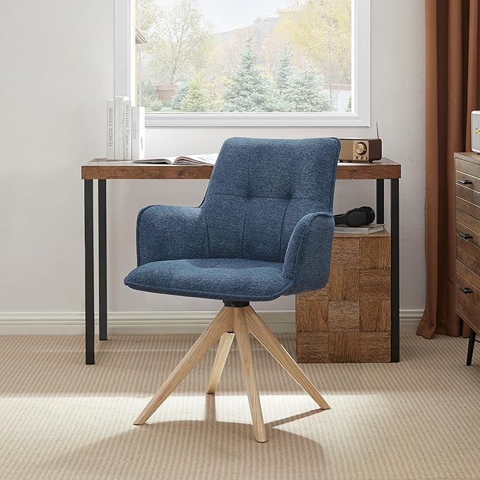 Art Leon Swivel Armchair - Mid Century Modern Office Chair No Wheels, Fabric Upholstered Accent Chair with Oak Wood Legs for Small Space Living Room Bedroom, Blue