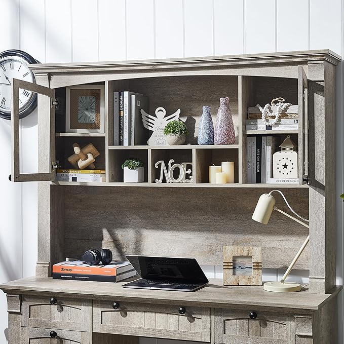 OKD 60" Executive Desk with Hutch and Drawers, Farmhouse Home Office Desk with Charging Station, Keyboard Tray, File Cabinet Storage, Wood Computer Desk for Work and Study, Light Rustic Oak